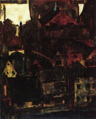 Egon Schiele: Pohled na domy a střechy v Českém Krumlově, 1911