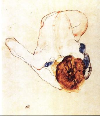 Egon Schiele: Ženský akt skloněný dopředu, 1912