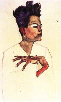 Egon Schiele: Autoportrét s rukama na prsou, 1910