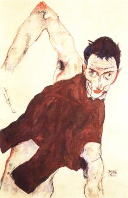 Egon Schiele: Autoportrét se zdviženým pravým loktem, 1914