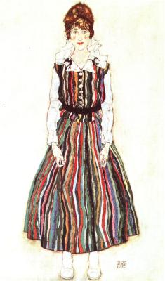 Egon Schiele: Edith Schielová v pruhovaných šatech, 1915/16