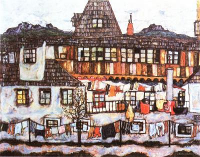 Egon Schiele: Předměstský dům s prádlem, 1917