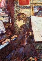 Slečna Dihauová u piana. Olej, lepenka. 1890. 69&nbsp;&times;&nbsp;49. Musée Toulouse-Lautrec, Albi.