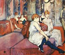 V saloně Rue des Moulins. Uhel a olej na plátně. 1894. 115,5&nbsp;&times;&nbsp;132,5. Musée Toulouse-Lautrec, Albi.