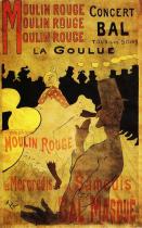 Moulin Rouge: La Goulue s Valentinem le Désossé. Kolorovaná litografie, plakát. 1891. 193&nbsp;&times;&nbsp;122. Bibliothéque Nationale, Paříž.<br />První Lautrecův plakát.