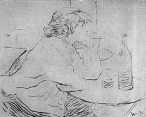 Po flámu (Suzanne Valadonová). Kresba perem a křídou. 1888-89. 48&nbsp;&times;&nbsp;63. Musée Toulouse-Lautrec, Albi.
