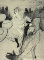 Skica Moulin Rouge: La Golue. Uhel zvýrazněný barvou. 1891. 154&nbsp;&times;&nbsp;118. Musée Toulouse-Lautrec, Albi.